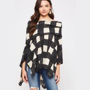 Flowy Plaid Off the Shoulder Poncho- Medium